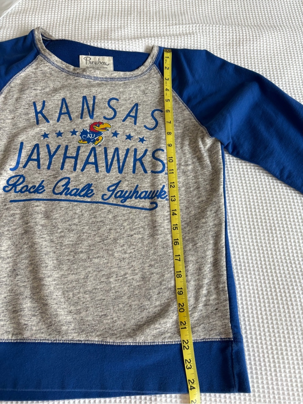 Pressbox Kansas Jayhawks Raglan Sweatshirt - Royal Blue & Heather Gray - Picture 5 of 7